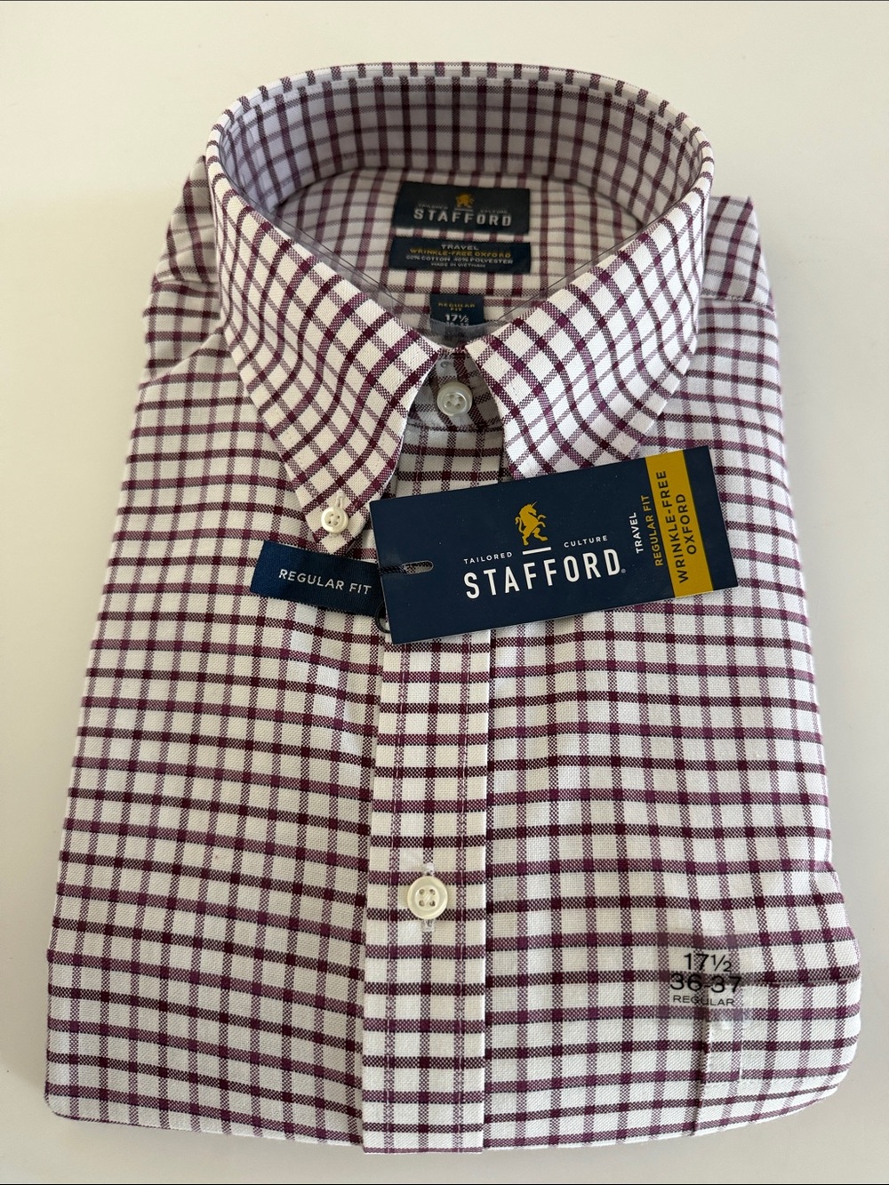 Stafford Men's Burgundy and White Check Button-Down Dress Shirt